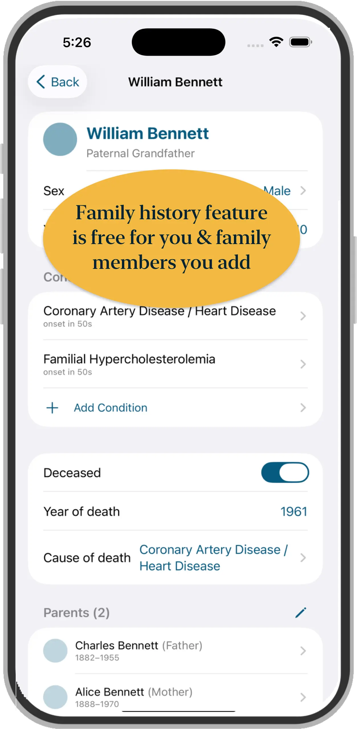 A family health history screen for William Bennett, a paternal grandfather, with conditions, deceased status, and parents.
