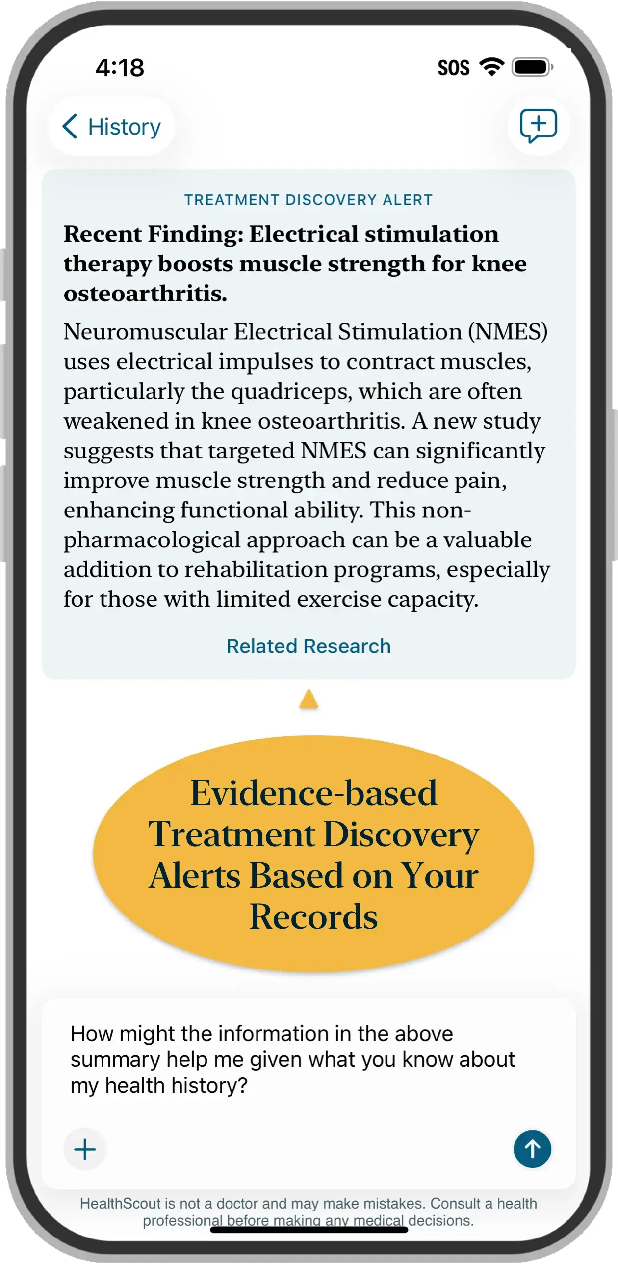 A HealthScout screen showing an evidence-based Treatment Discovery Alert based on your records.