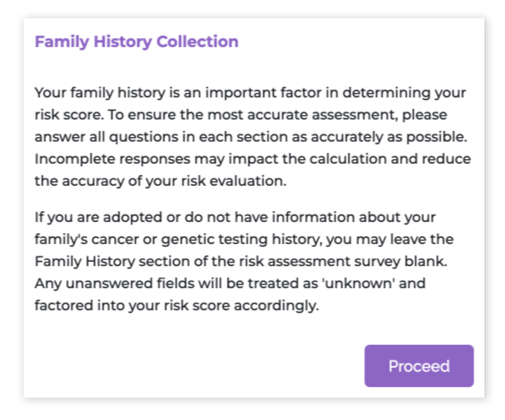 Tyrer-Cuzick family history assessment warning